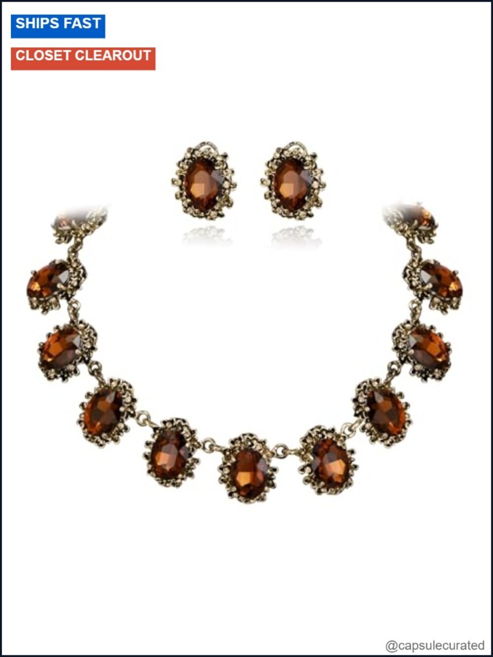 Victorian Crystal Floral Cameo Oval Necklace and Earrings Jewelry Set for Women